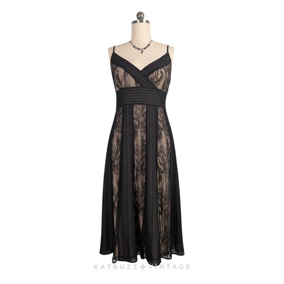 LOFT Dresses & Skirts - Lace Midi Dress 12 Black Tan Y2K Babydoll Illusion Glam Classic Guest Cocktail